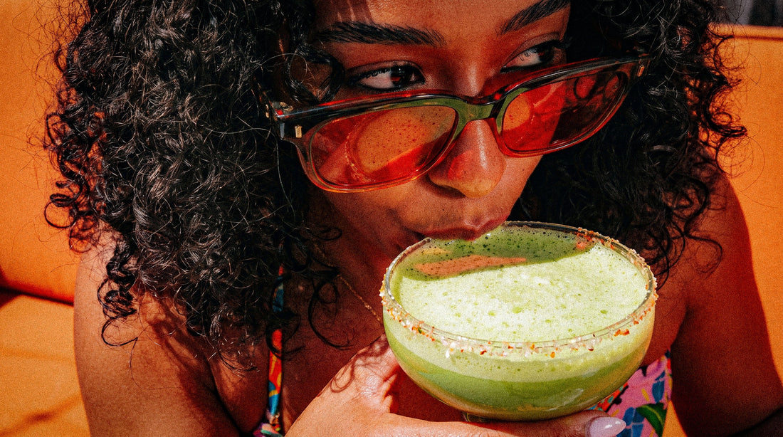 A bright green iced matcha drink