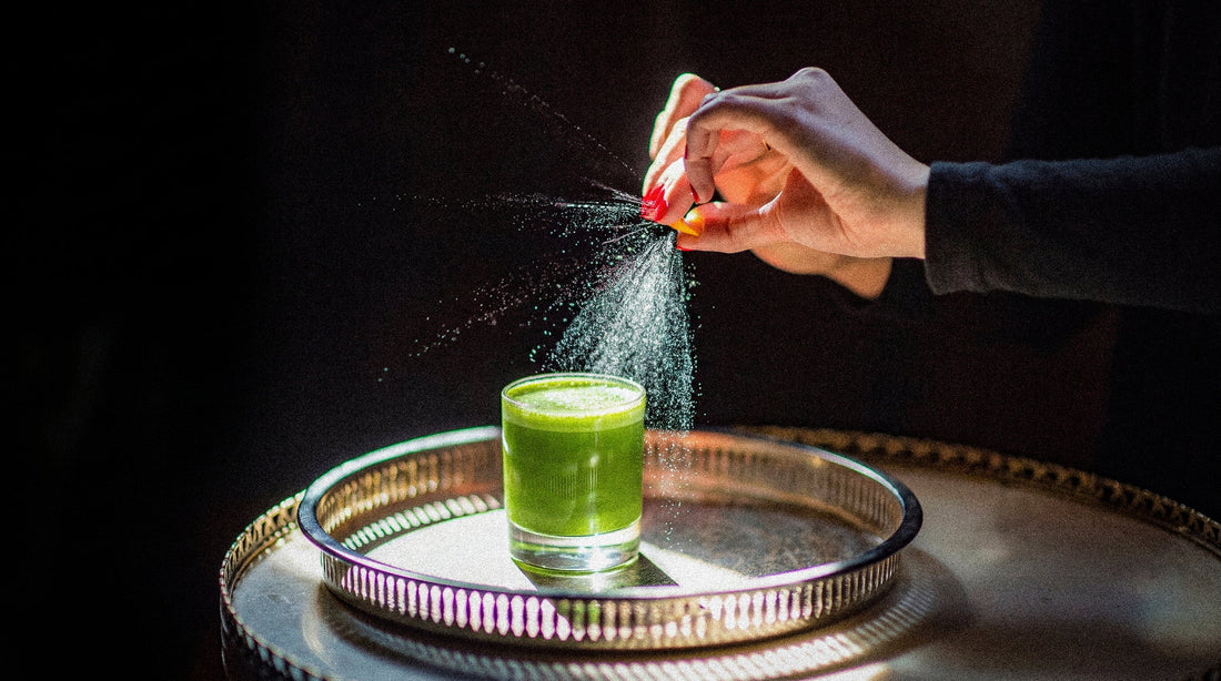 Vivid green matcha powder being prepared