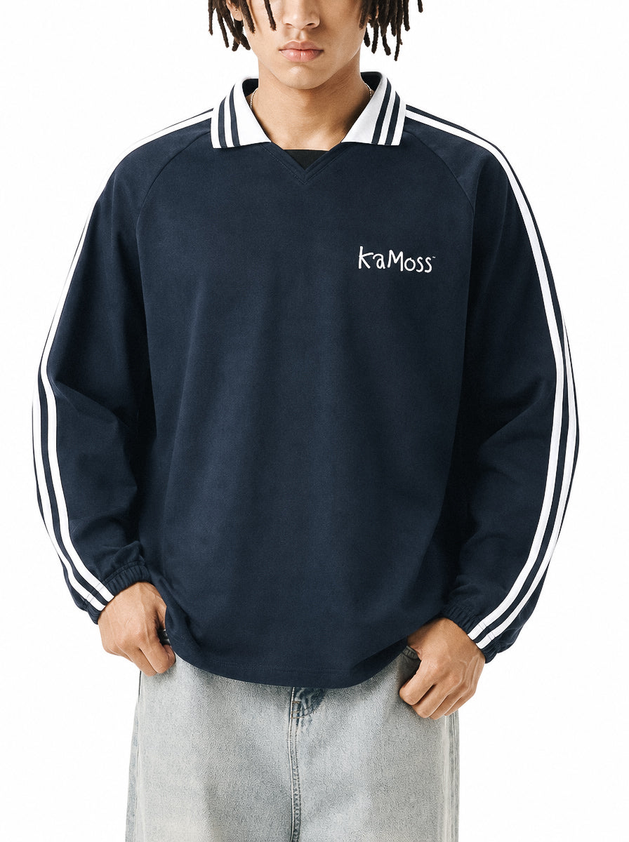 Contrast Striped Lapel Collar Sweatshirt