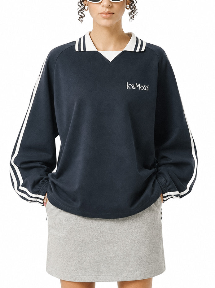 Contrast Striped Lapel Collar Sweatshirt