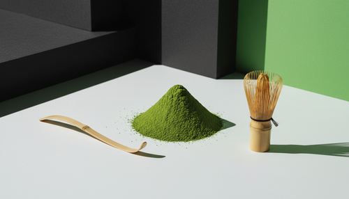 Stone-milled matcha powder with a bamboo whisk and scoop