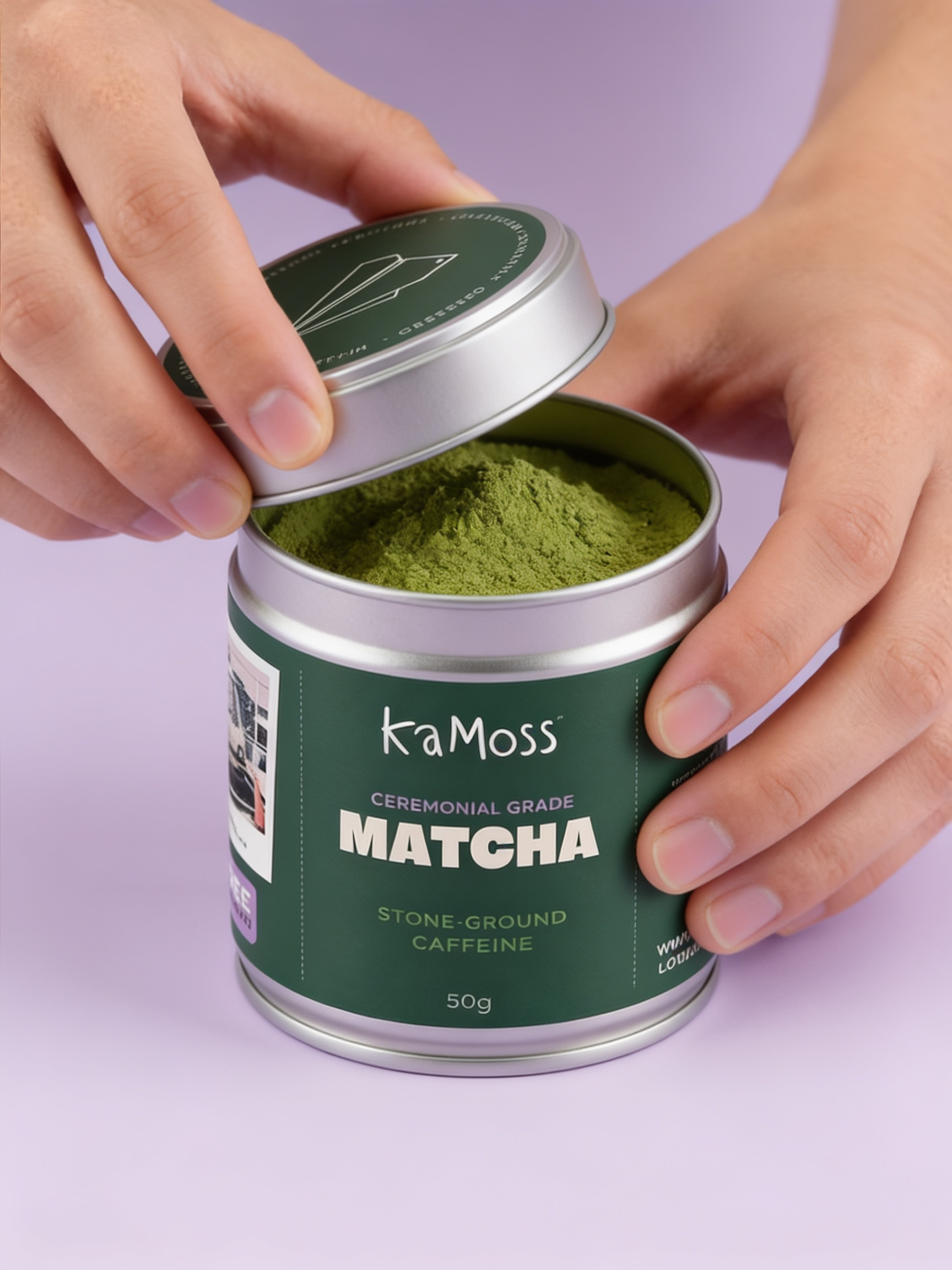KaMoss ceremonial matcha tin opened to show the vivid green powder
