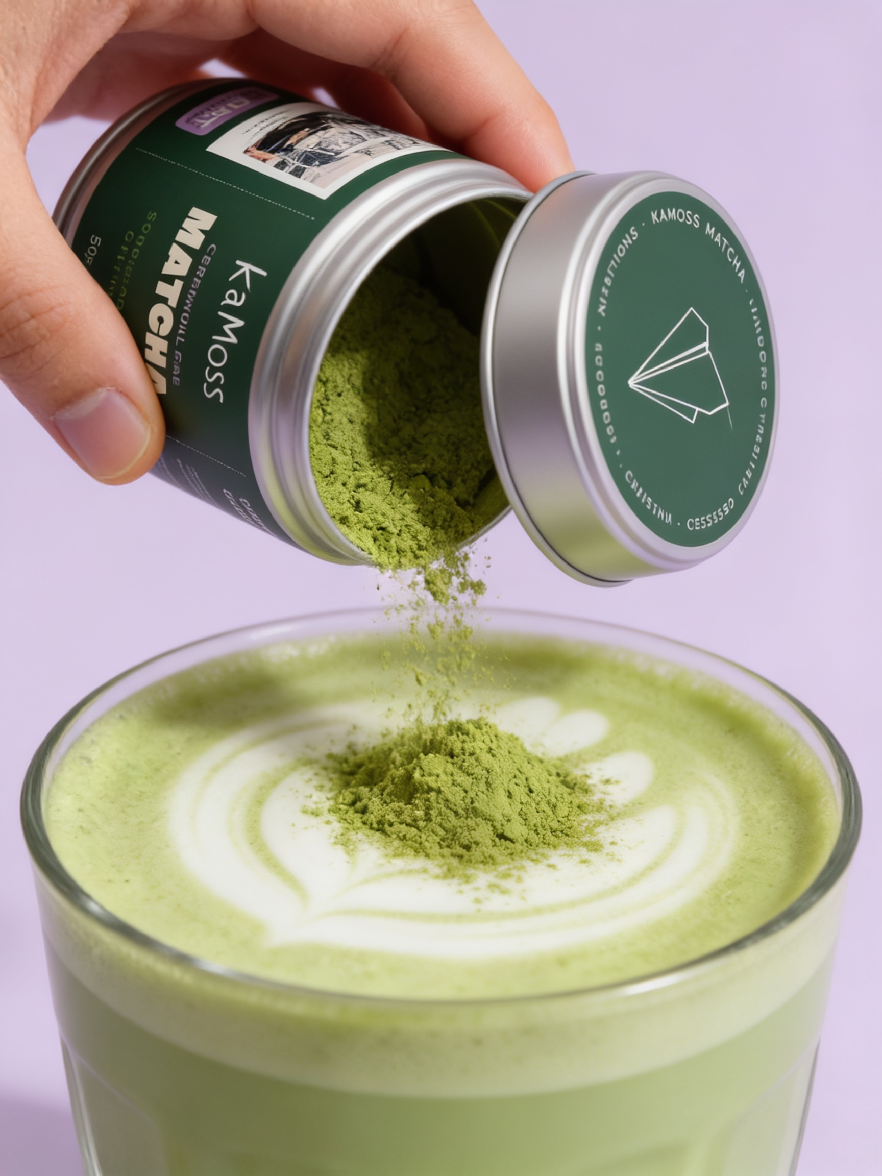 KaMoss matcha powder dusted over a matcha latte