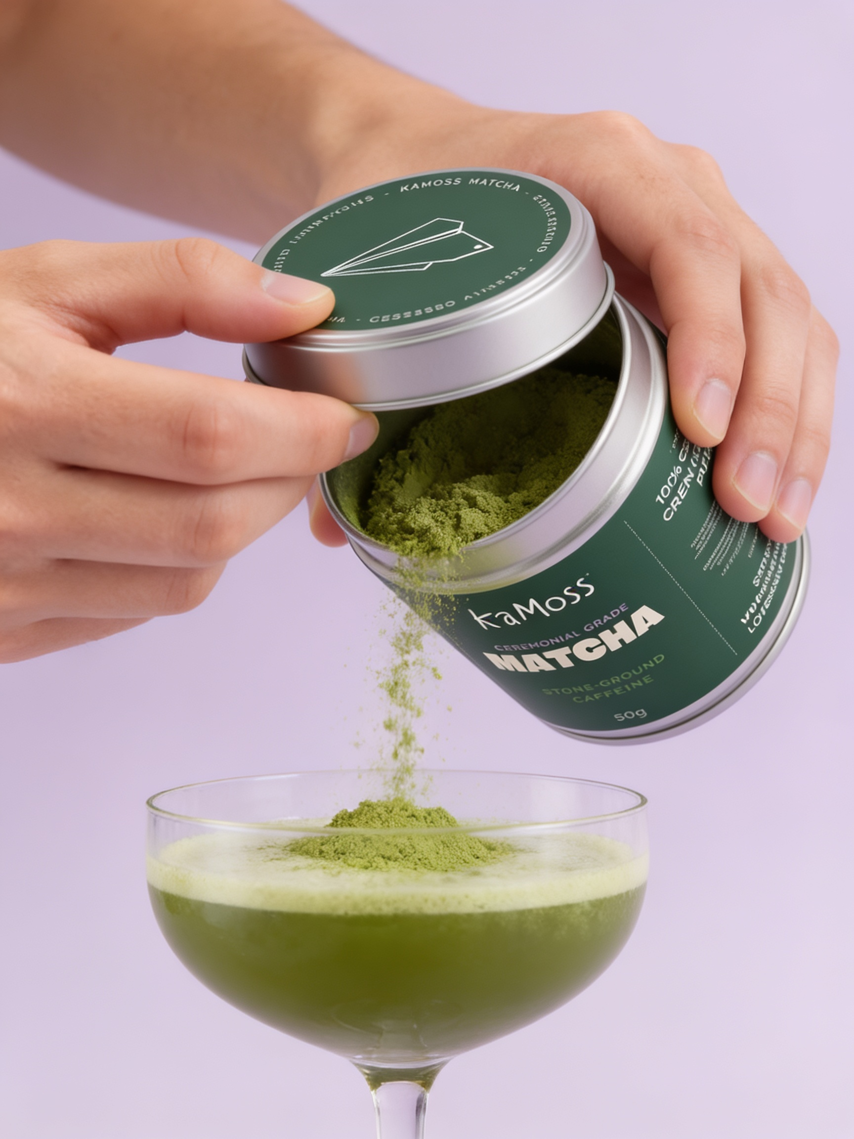 KaMoss matcha powder dusted over a matcha cocktail