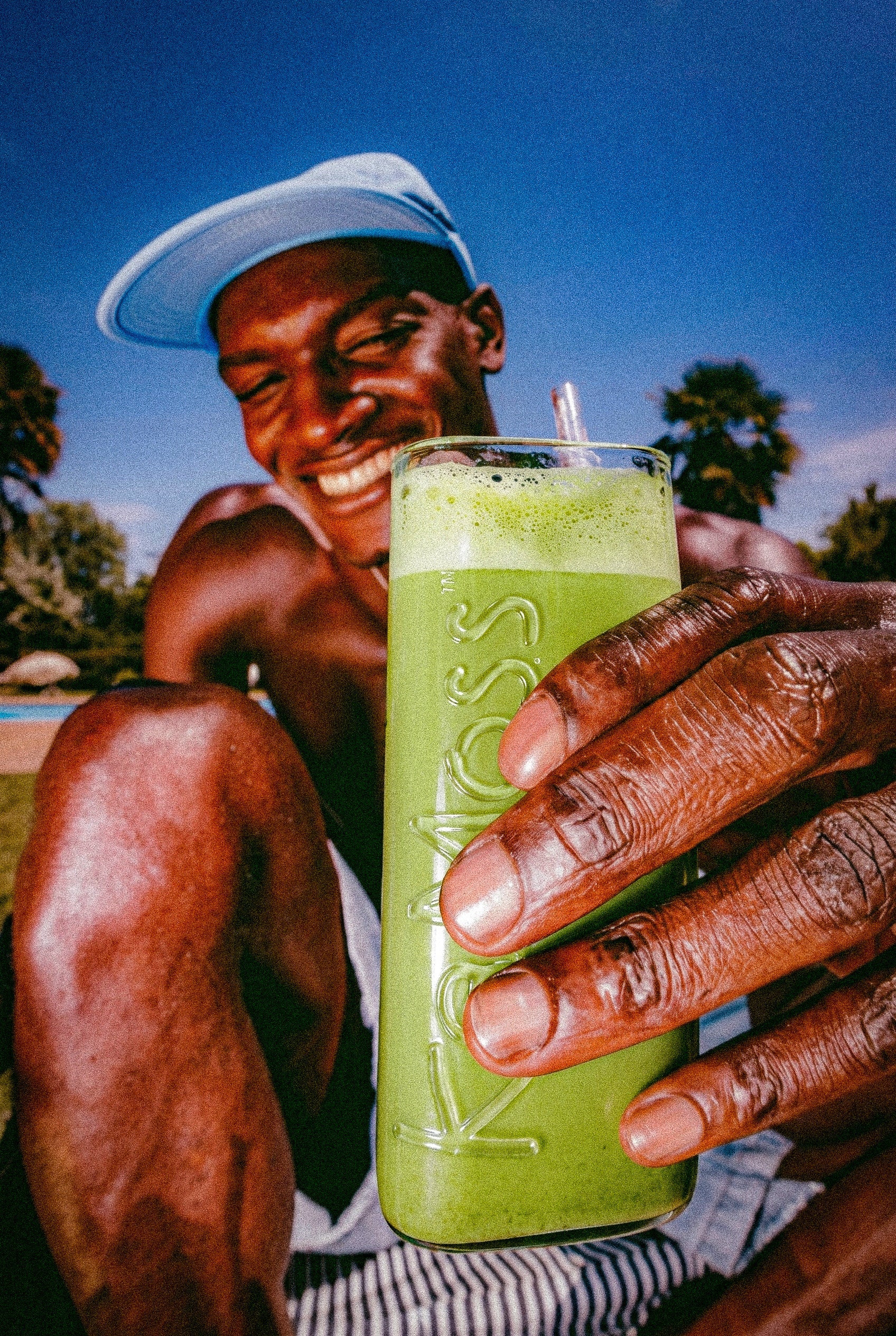 Enjoying a KaMoss matcha by the pool
