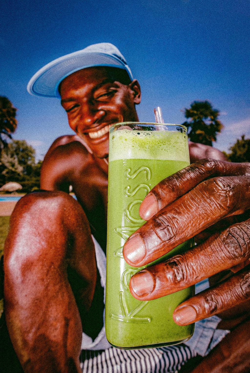 Enjoying a KaMoss matcha by the pool